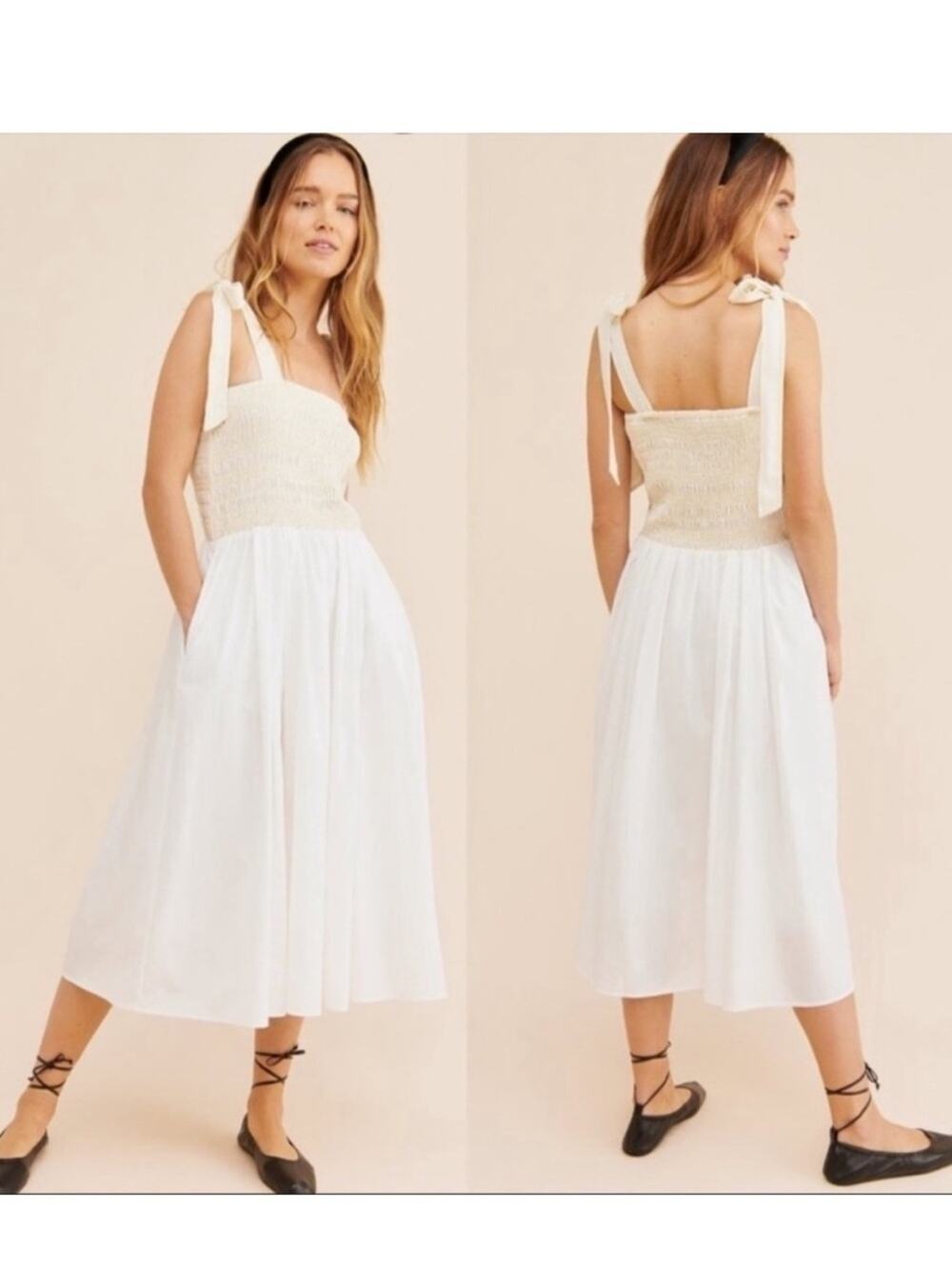 KOURT ‘Drew’ MIDI yellow Smocked Bodice Tie-Shoulder Midi Dress in White